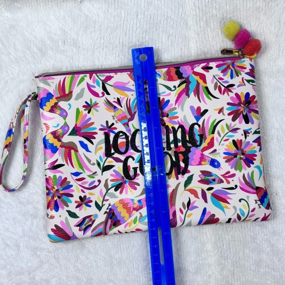 Vibrant Pink and Red Floral Cosmetic Bag with Playful Pom-Pom 🪷